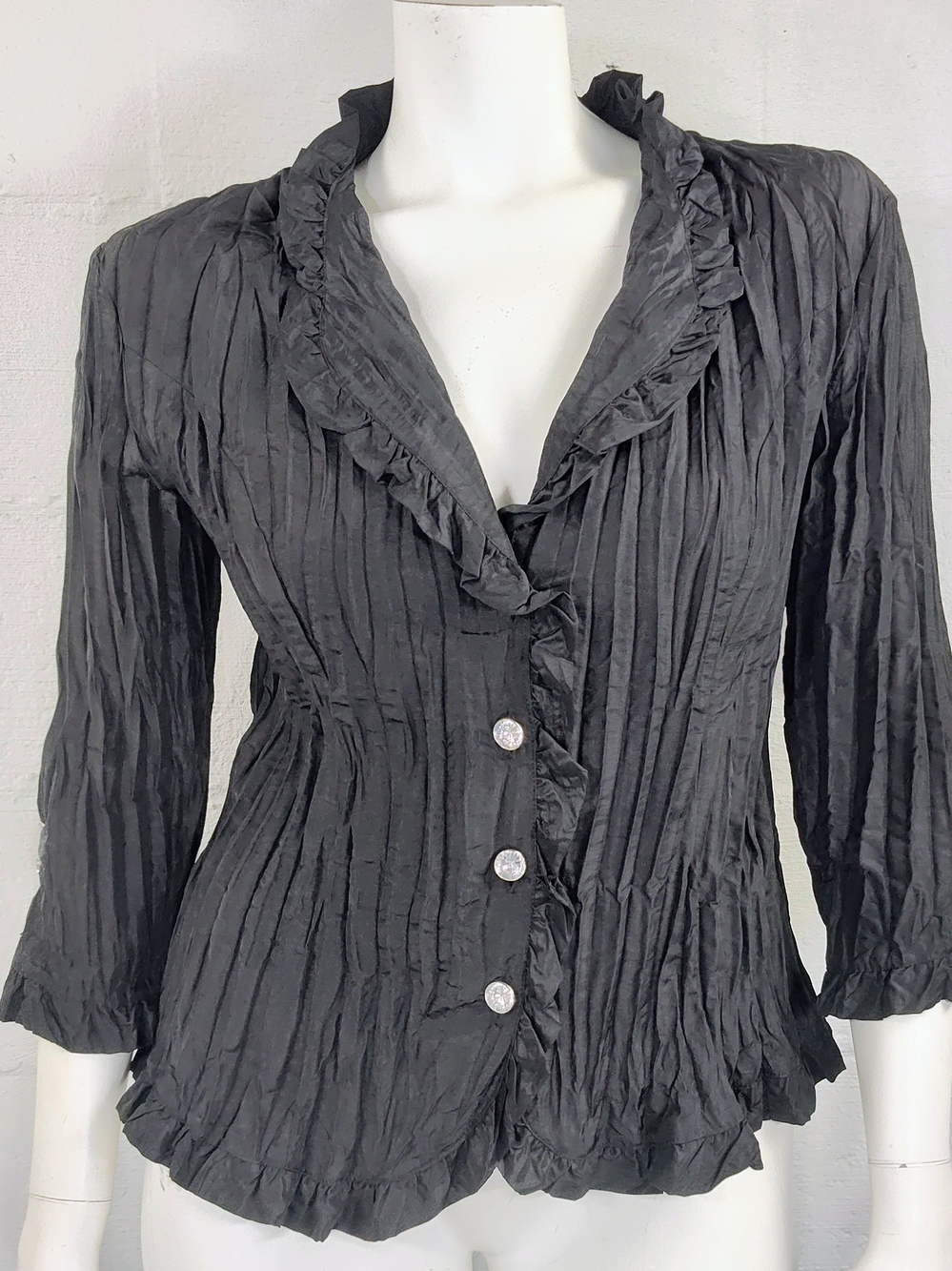 Carrie Allen Ruffled Crinkle Black Button-Front Blouse